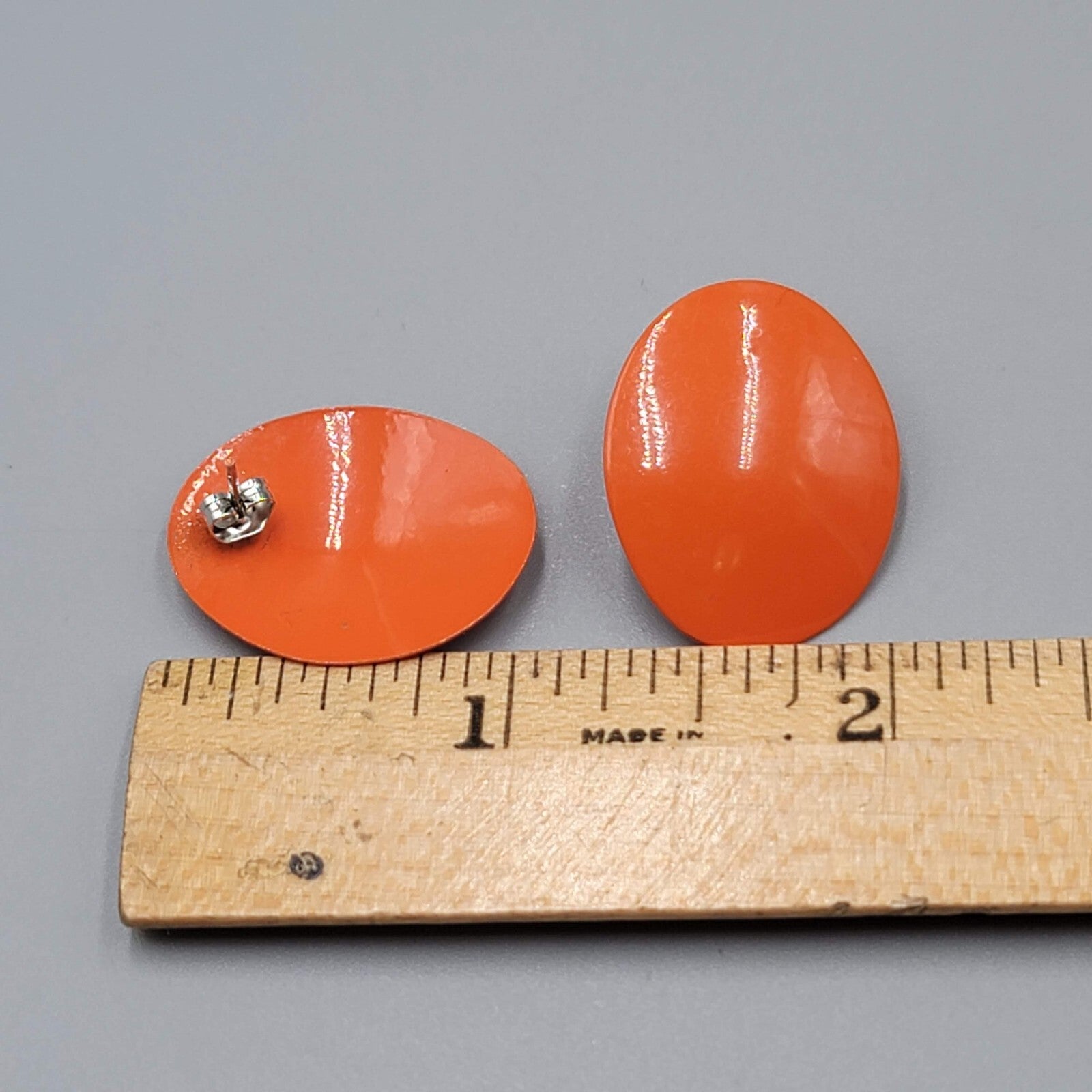 Vintage Orange Enamel Pierced Earrings Oval Drop 1"