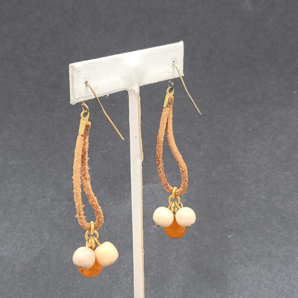 Vintage Boho Pierced Earrings Leather Stone Beaded Dangle 2.25"