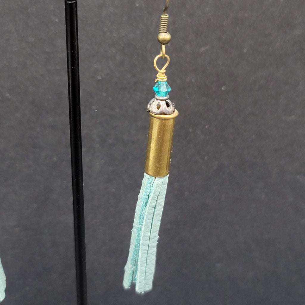 Pierced Earrings Bronze tone Blue Bead Tassel Dangle Boho 2.25"