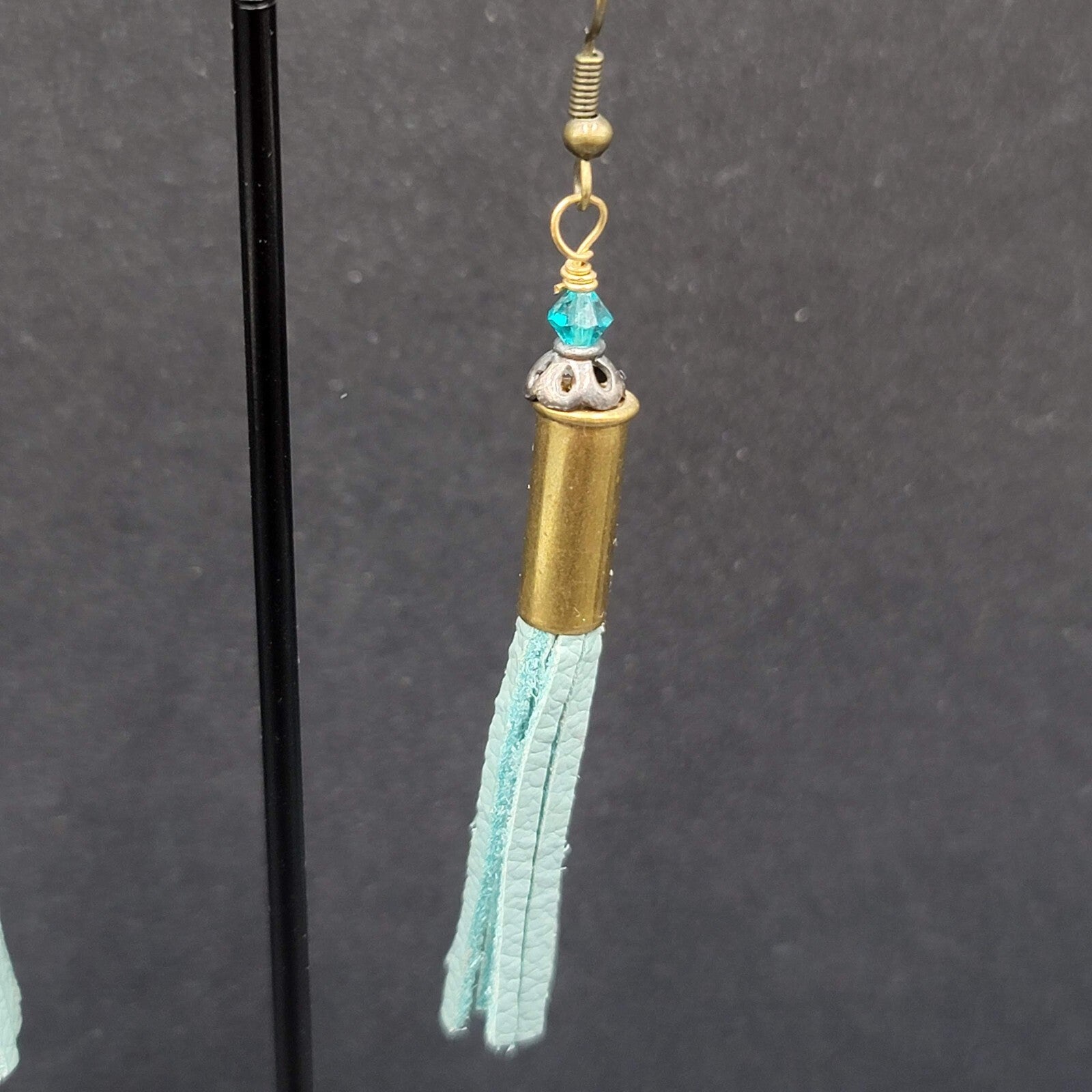Pierced Earrings Bronze tone Blue Bead Tassel Dangle Boho 2.25"