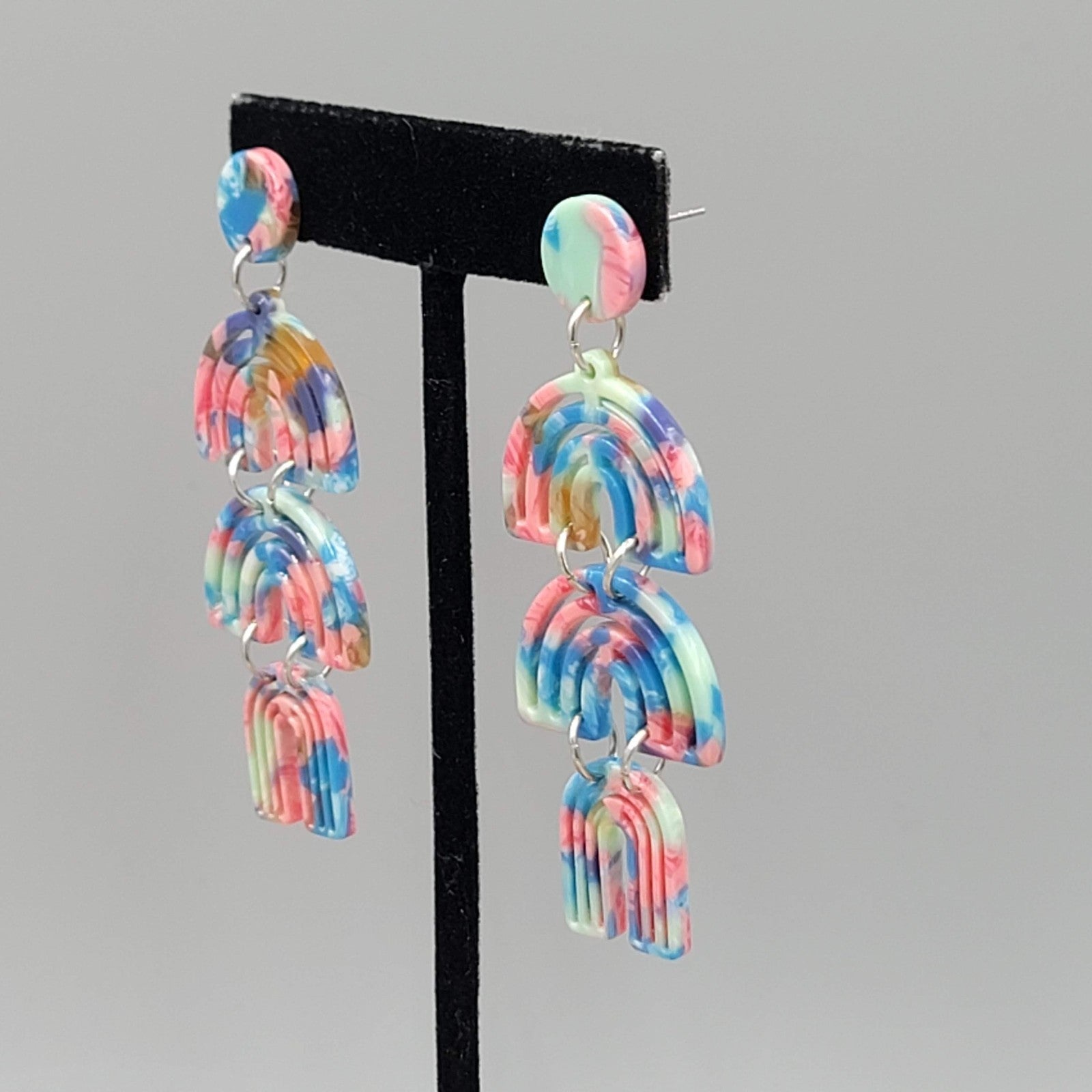 Statement Blue Pink Dangle Pierced Earrings 2.75"