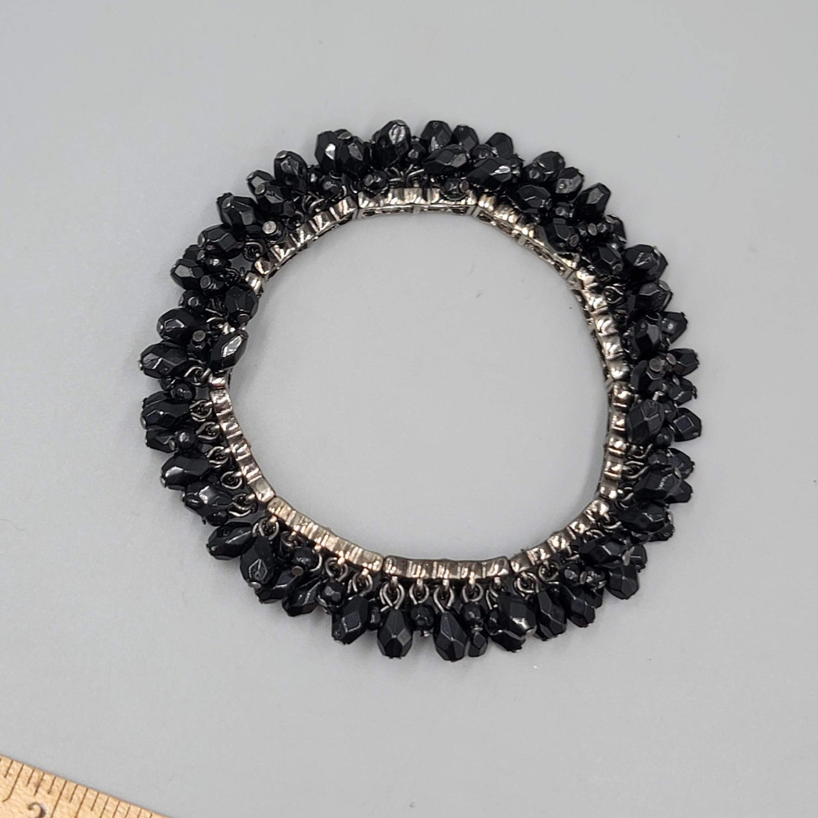 Black Glass Cluster Dangle Bead Bracelet Silver tone Elastic 6.75"