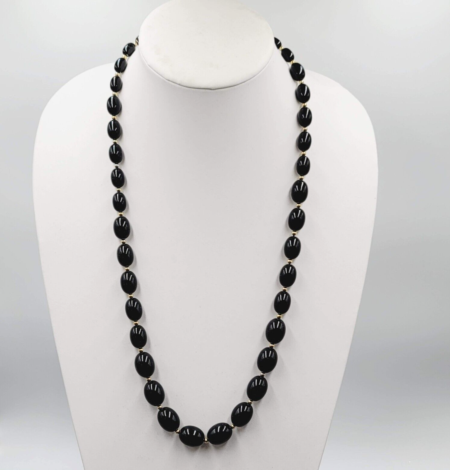 Vintage MONET Necklace Black Graduated Bead Gold tone Estate Jewelry 28"