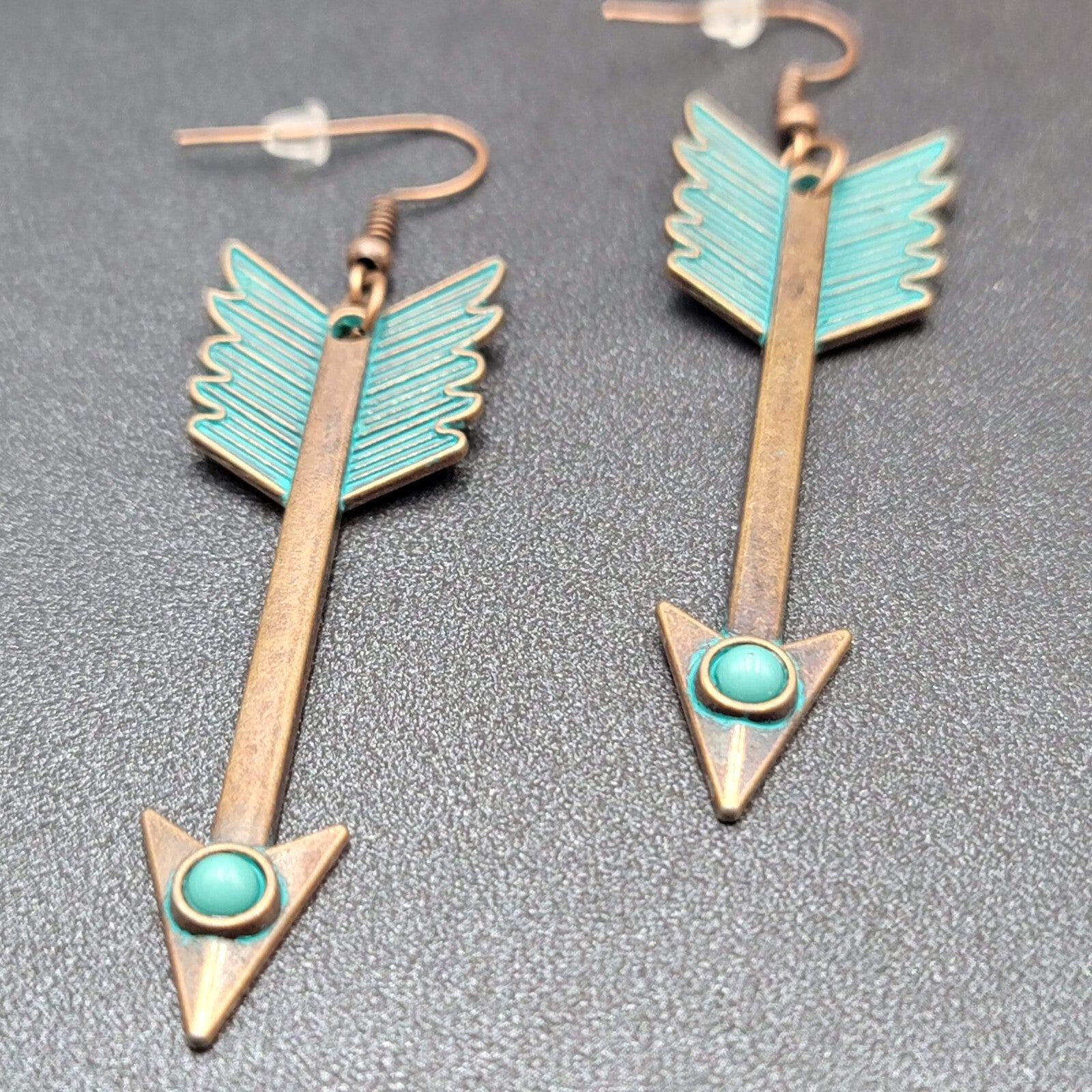 New Boho Pierced Earrings Copper tone Green Enamel Arrow Dangle 2.25"