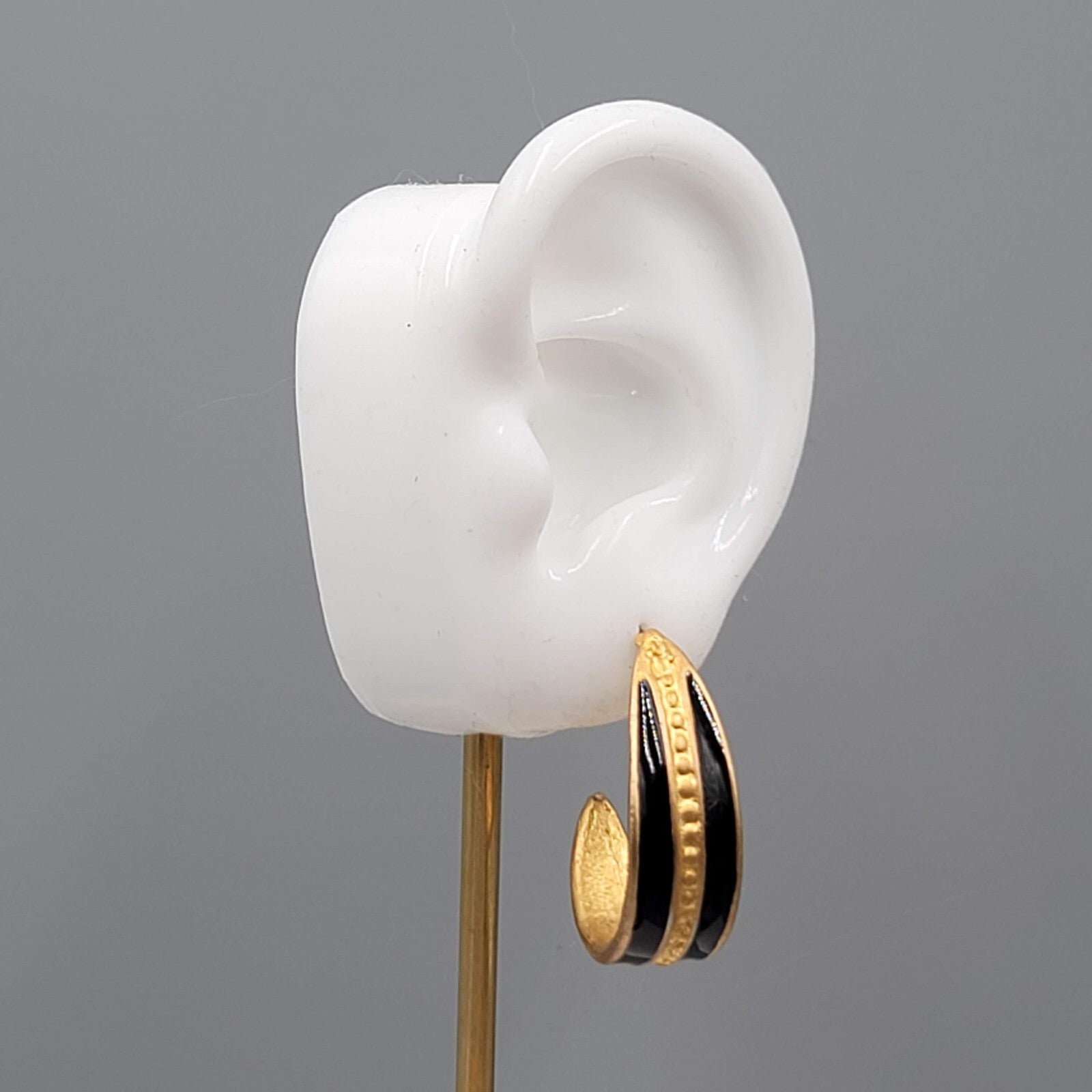 Hoop Pierced Earrings Brushed Gold Plated Black Enamel Drop 1.25"