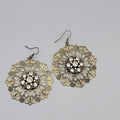 Pierced Earrings Bronze tone Large Metal Filigree Rhinestone Center Boho 1.75"