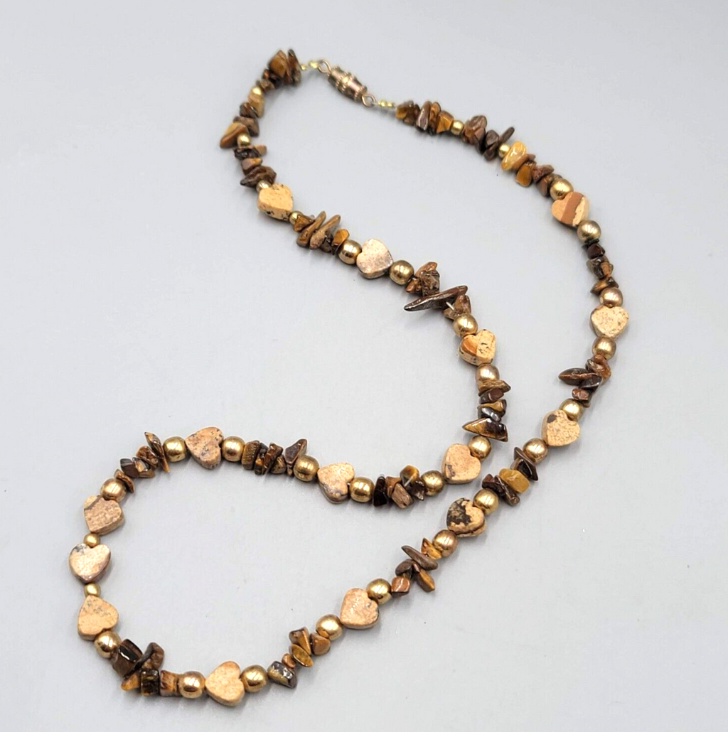 Agate Stone Heart Bead Necklace Gold tone Tigers Eye 18"