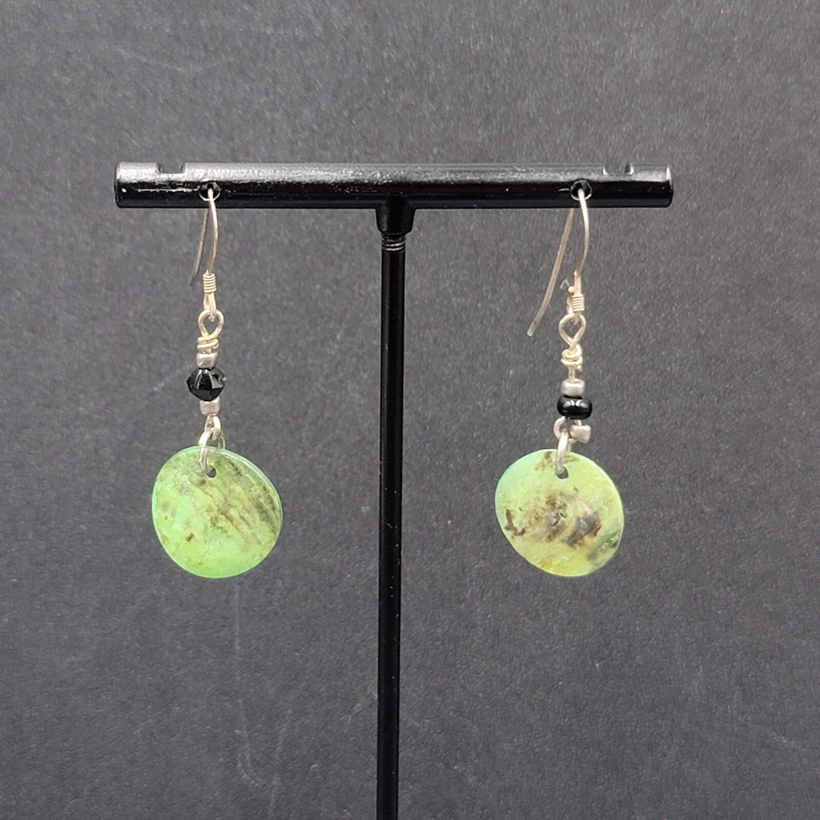 Pierced Earrings Sterling Silver Hooks Green Shell Dangle 1.25"
