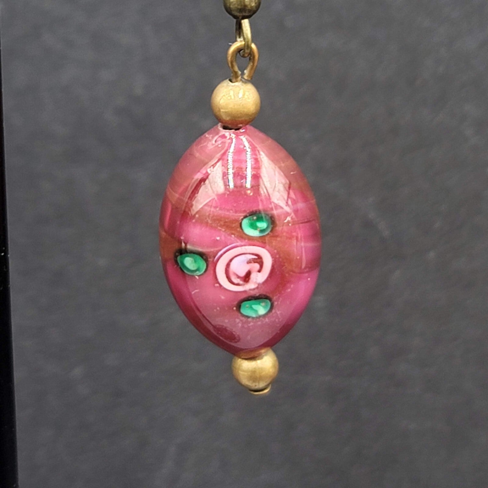 Art Glass Bead Pierced Earrings Bronze tone Pink Flower Dangle 1.25"