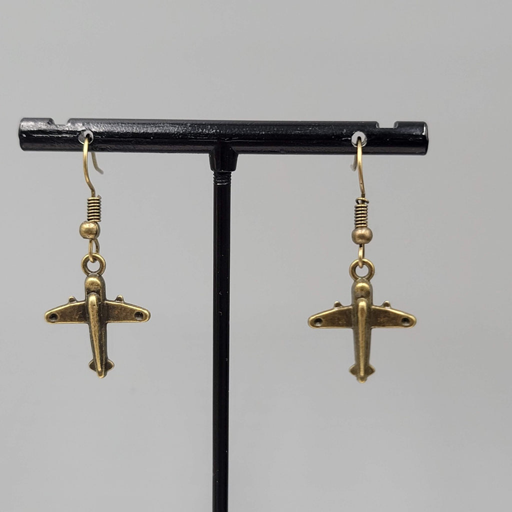 Airplane Pierced Earrings Bronze tone Dangle NEW 3/4"