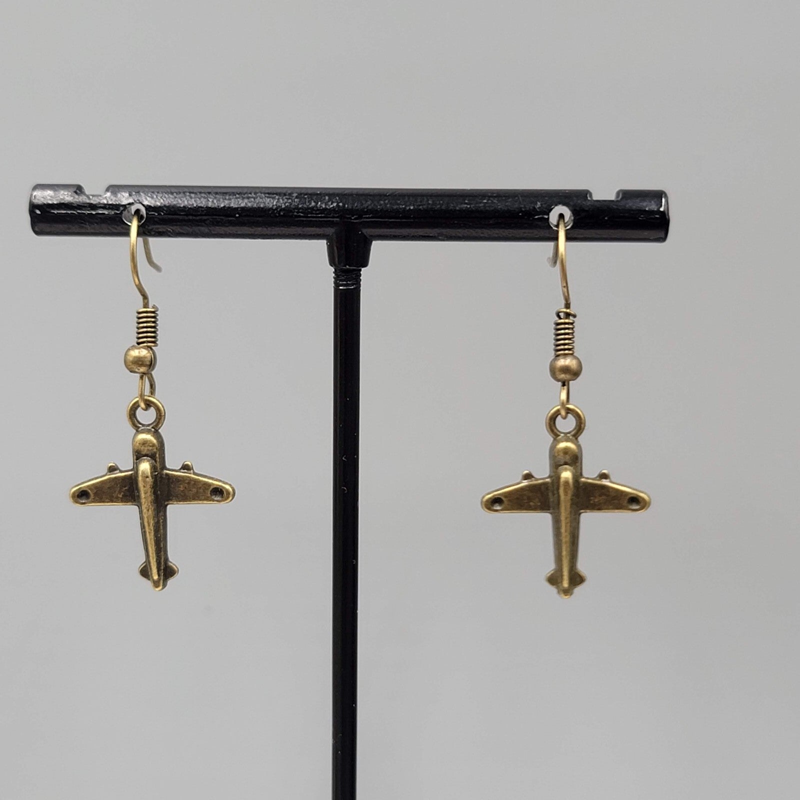 Airplane Pierced Earrings Bronze tone Dangle NEW 3/4"