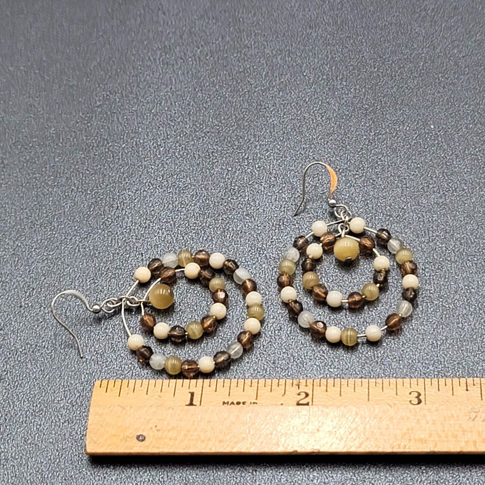 Pierced Earrings Silver tone Brown Beaded Double Hoops 1.5"