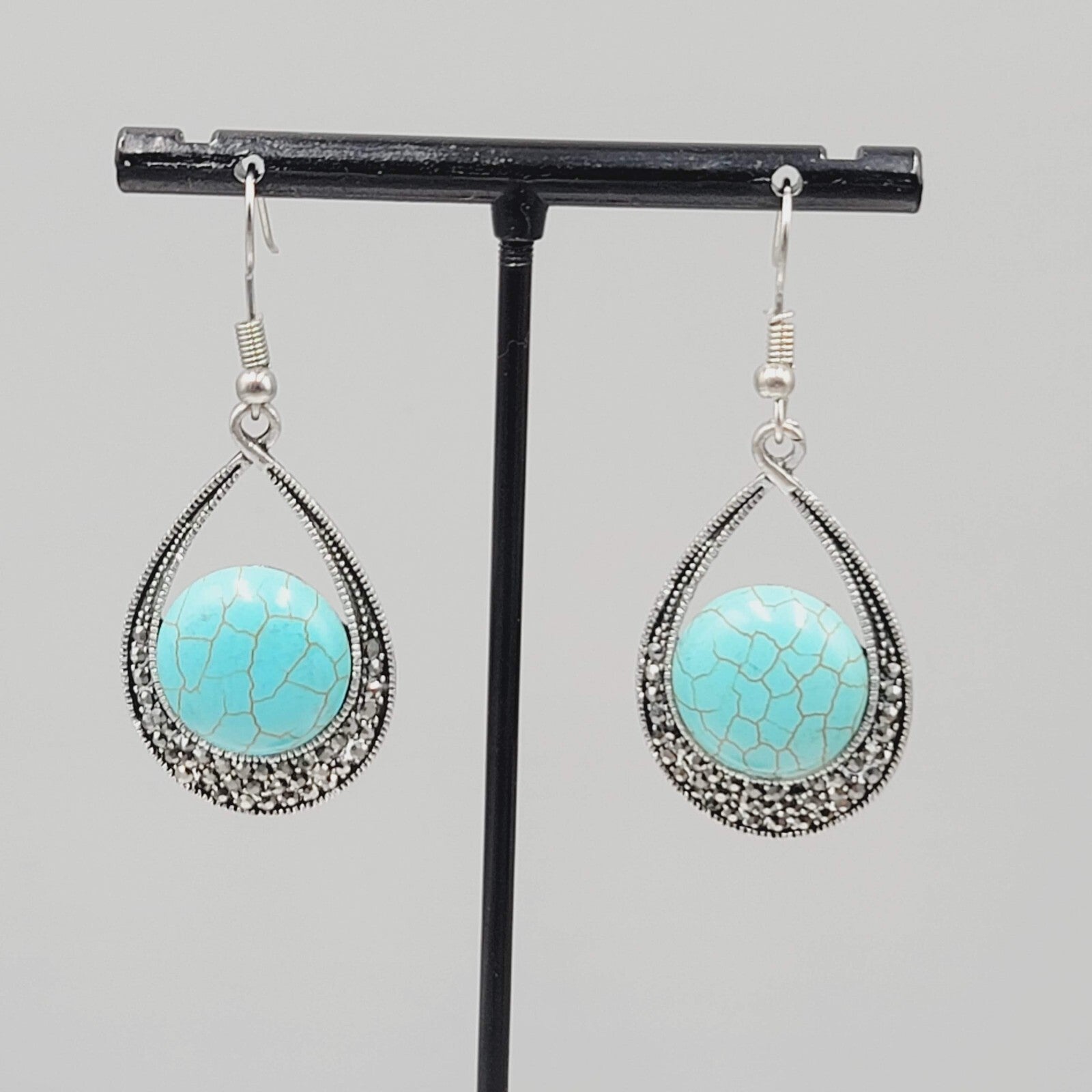 Teardrop Dangle Pierced Earrings Silver tone Marcasite Blue Howlite 1.25"