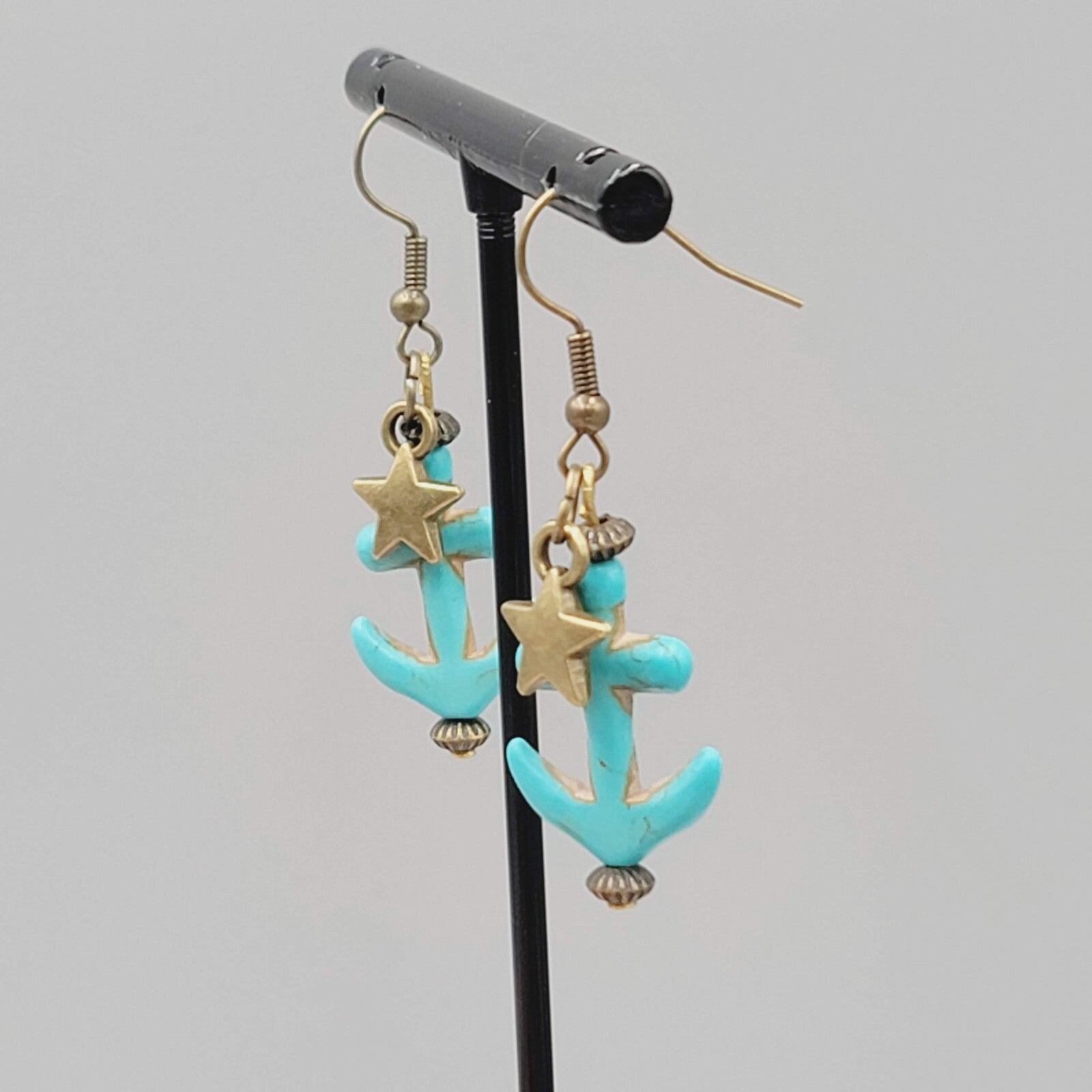 New Blue Howlite Stone Anchor Pierced Earrings Bronze tone Dangle Nautical 1.25"