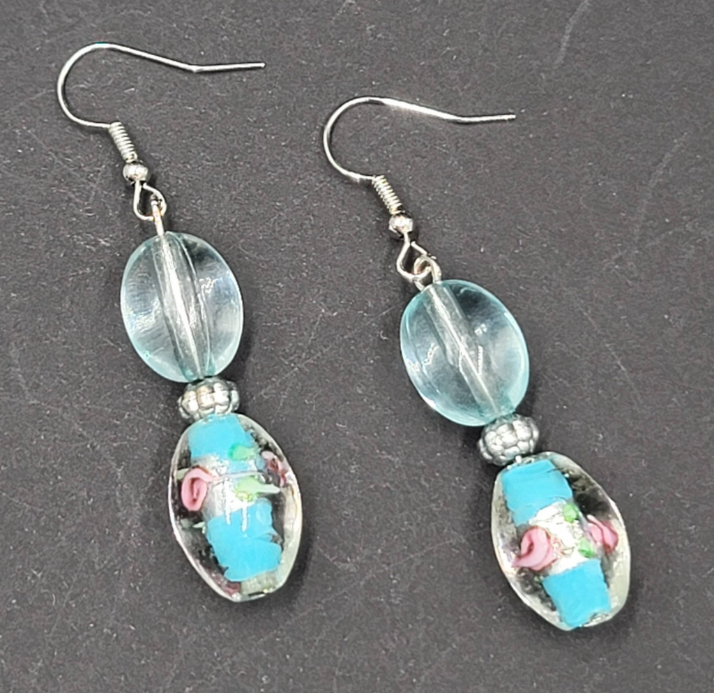 Blue Flower Art Glass Bead Pierced Earrings Silver tone Dangle 1.5"