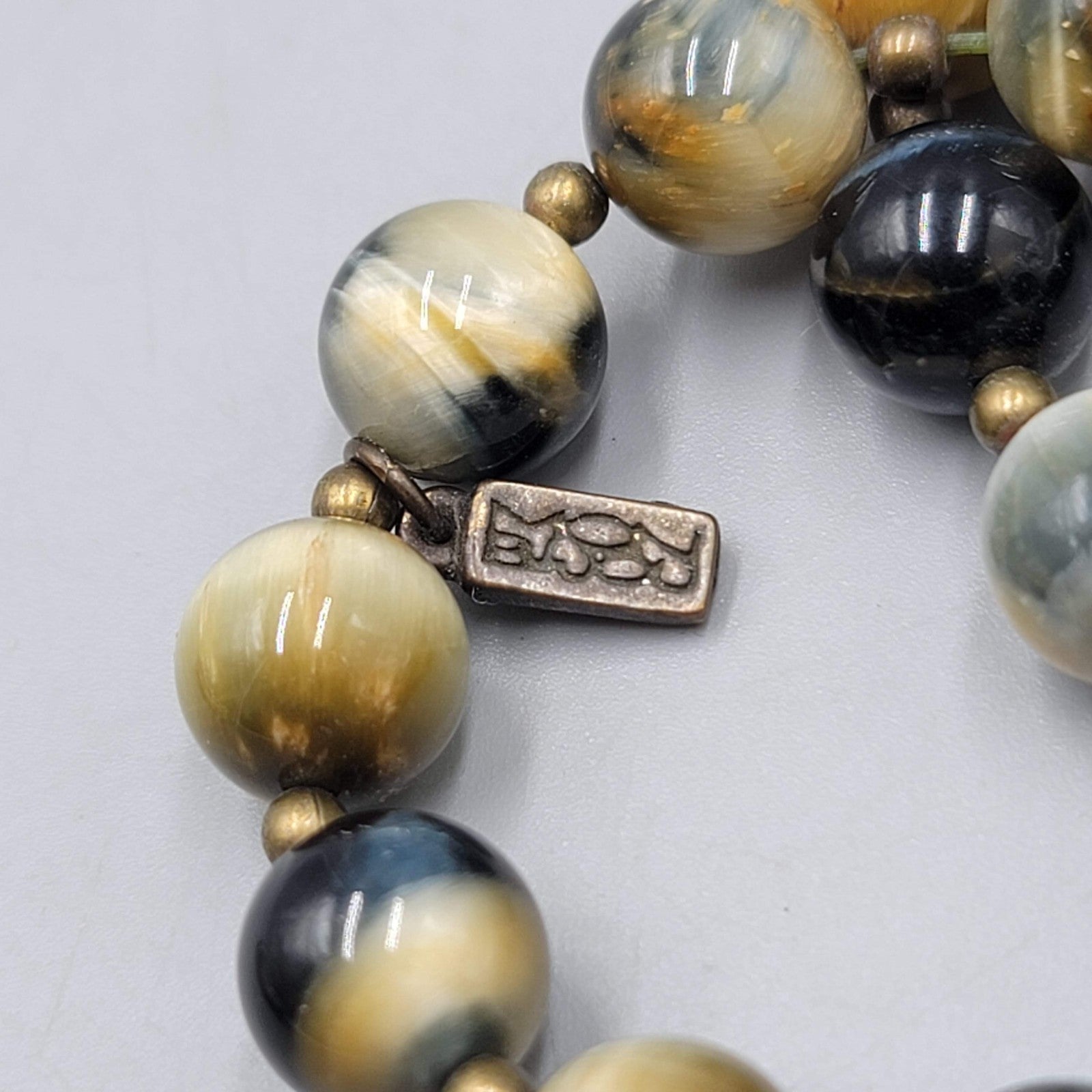 Agate Stone Bead Double Strand Bracelet Bronze tone Signed Elastic