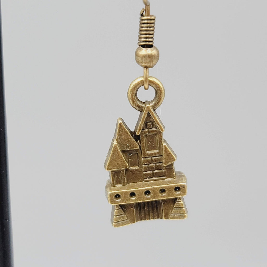 Castle House Pierced Earrings Bronze tone Embossed Dangle New 7/8"