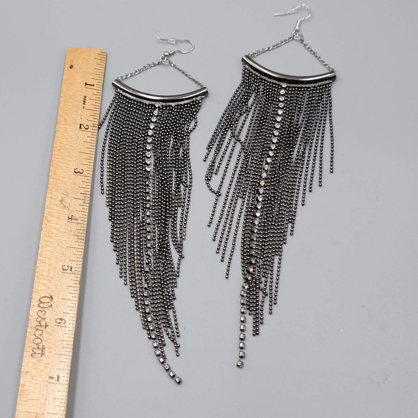 LONG Multi Chain Pierced Earrings Black Metal Crystal Rhinestone Dangle 7"