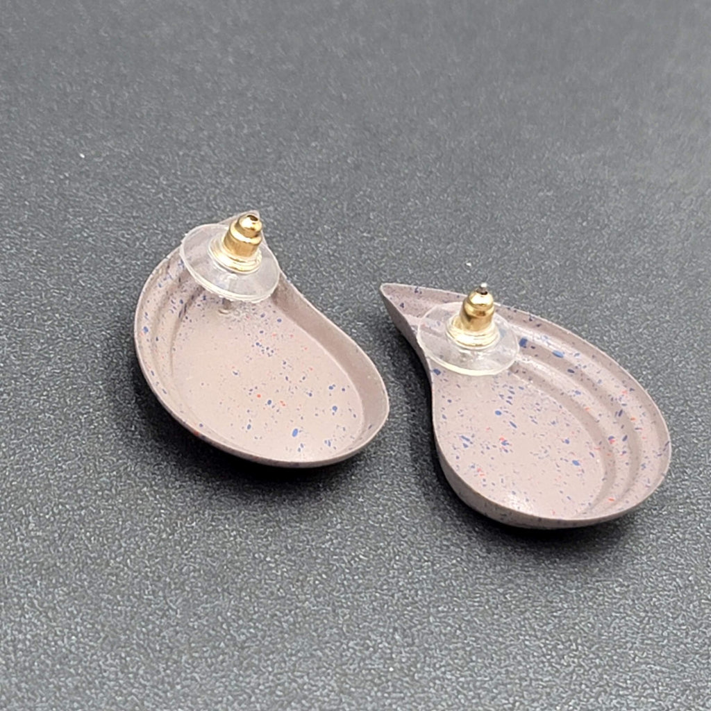 Vintage Pierced Earrings Purple Speckle Enamel Paisley Teardrop 1.5"