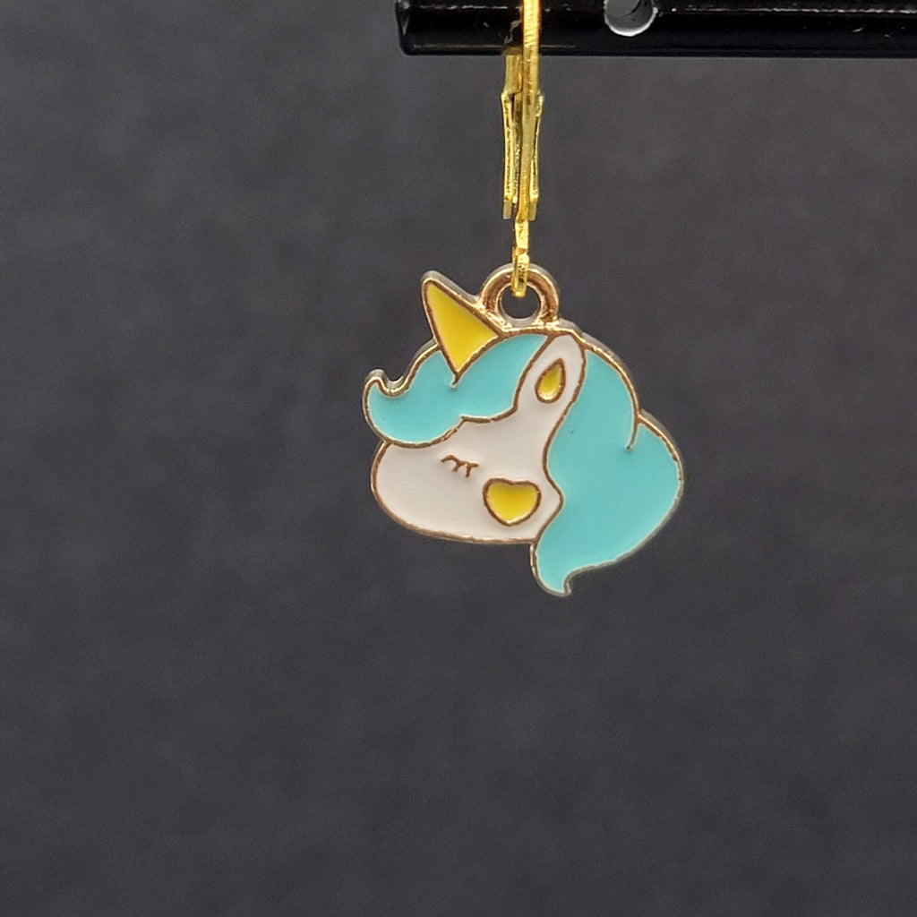 New Unicorn Pierced Earrings Blue Enamel Dangle Gold tone 5/8"