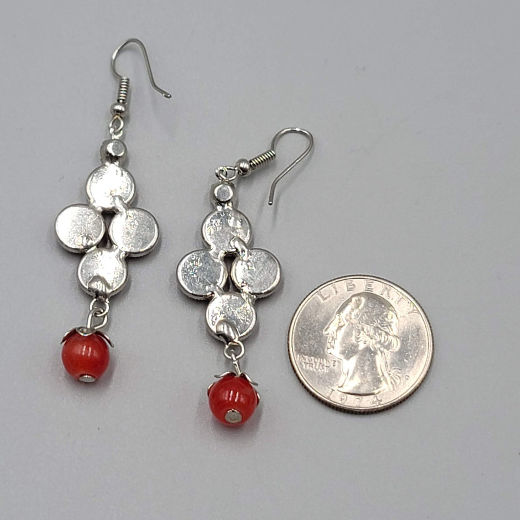 Red Rivoli Rhinestone Pierced Earrings Silver tone Dangle 1.75"