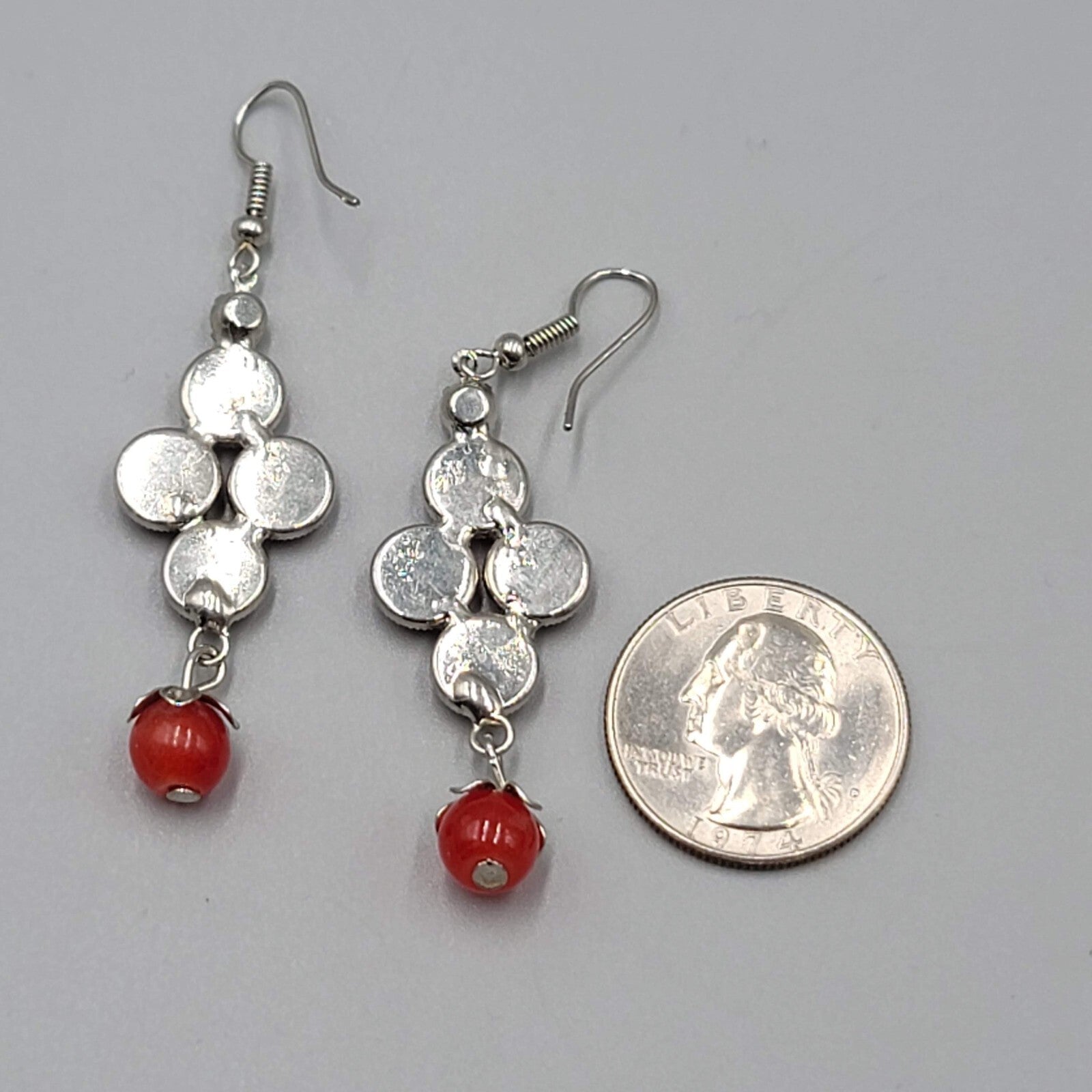 Red Rivoli Rhinestone Pierced Earrings Silver tone Dangle 1.75"