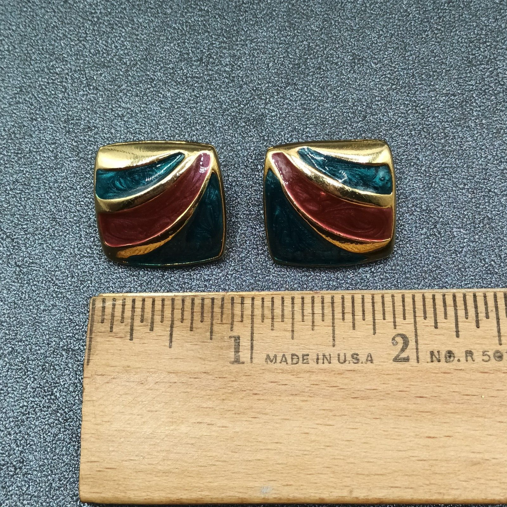 Vintage Pierced Earrings Gold plated Green Purple Enamel Geometric Drop 7/8"