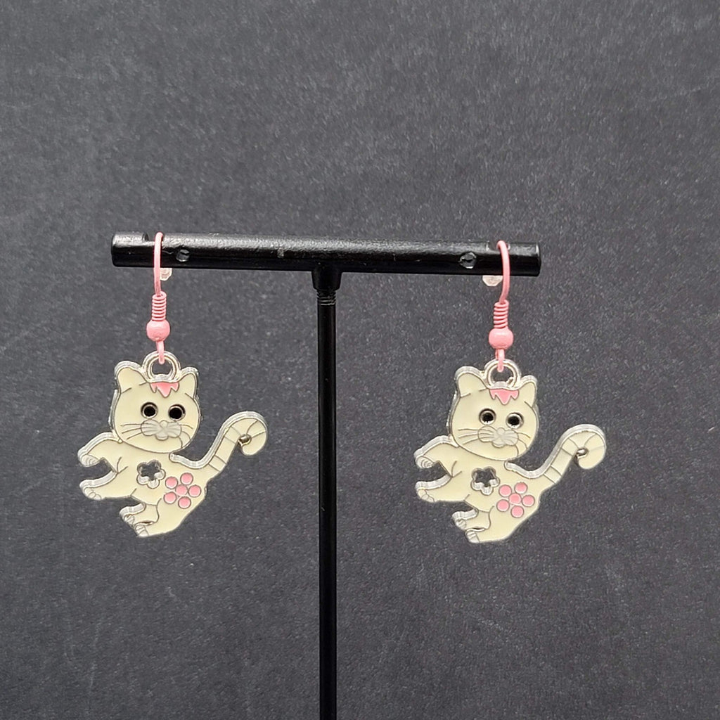 Pierced Earrings Pink White Enamel Kitty Cat Dangle Silver tone  1 1/8"