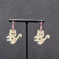 Pierced Earrings Pink White Enamel Kitty Cat Dangle Silver tone  1 1/8"