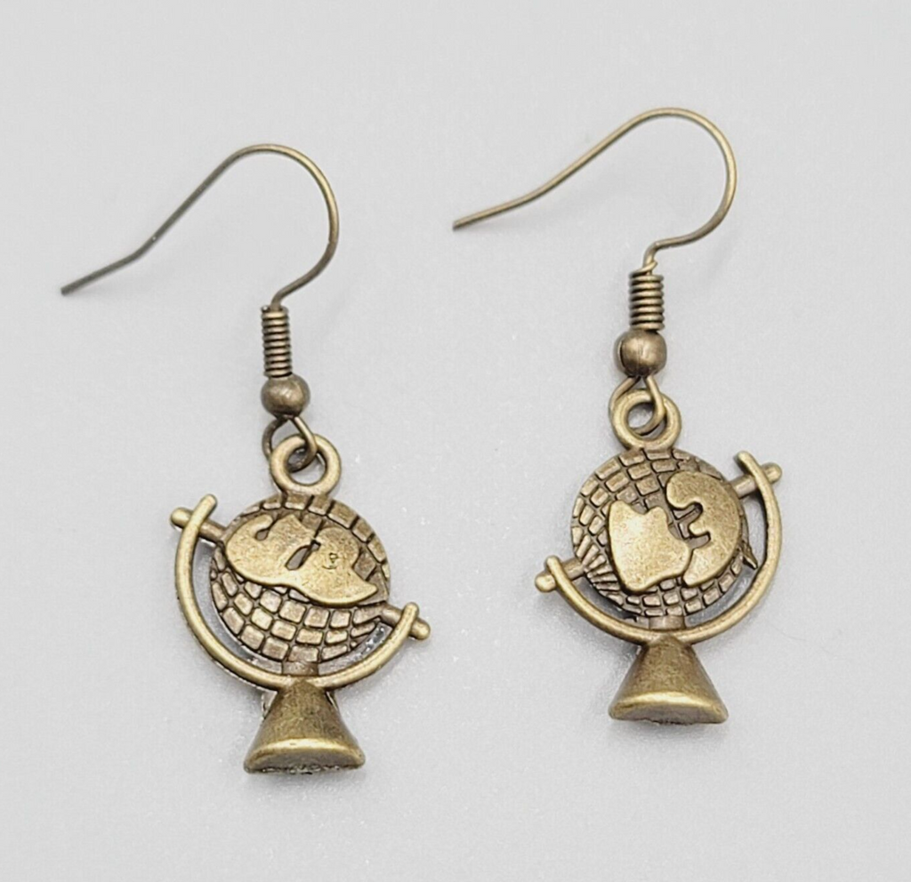 Globe Pierced Earrings New Bronze tone Dangle 3/4"