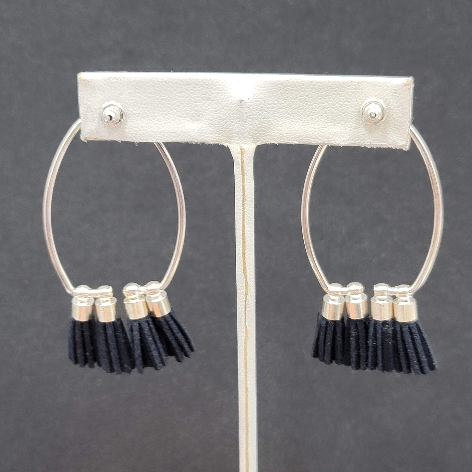 Pierced Earrings Silver tone Open Hoop Black Tassel Drop 2 1/8"