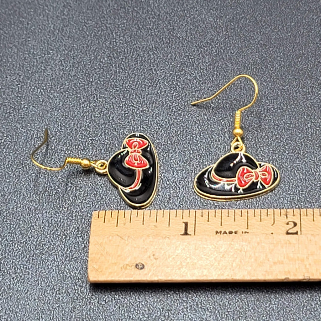 Hat Pierced Earrings Gold tone Red Black Enamel Dangle 5/8"