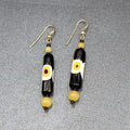 Pierced Earrings Gold tone Black Yellow White Art Glass Barrel Bead 1 7/8"