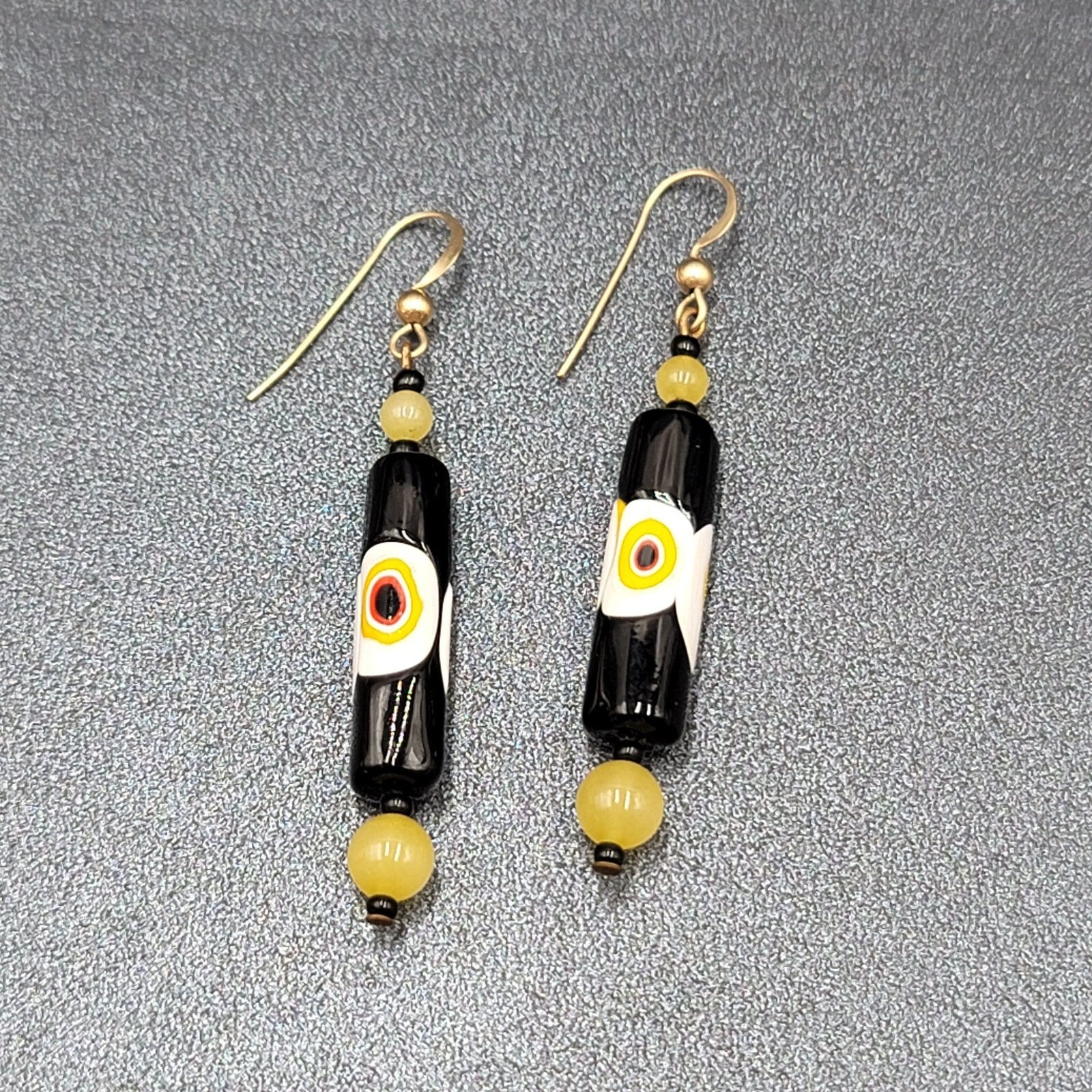 Pierced Earrings Gold tone Black Yellow White Art Glass Barrel Bead 1 7/8"