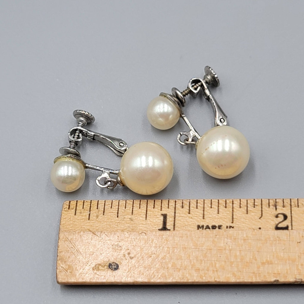 Vintage Clip on Earrings White Bead Dangle Silver tone Screw Back 1"
