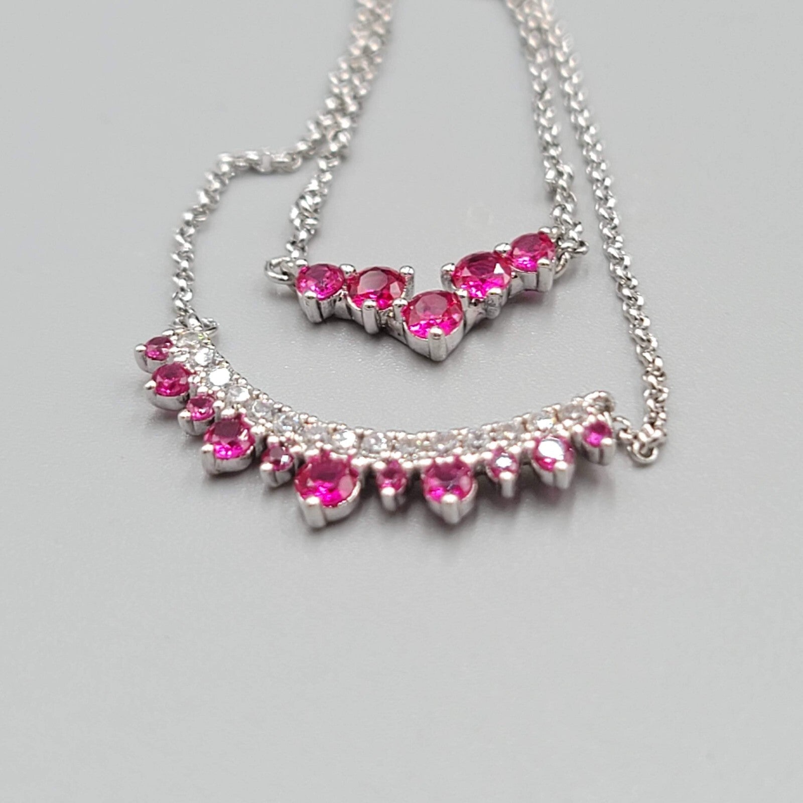 Bomb Party Layer Necklace Dark Pink Crystals Silver Plated 20"