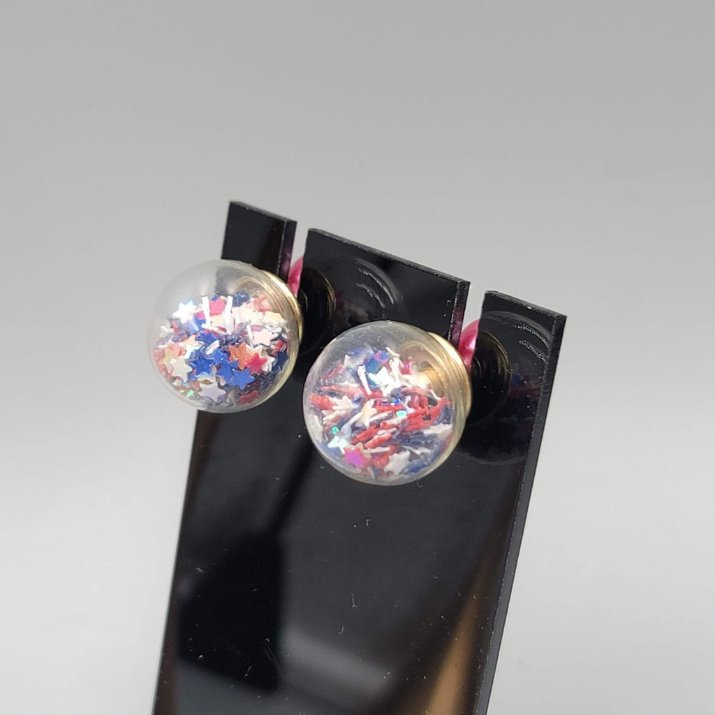 Reversible Stud Pierced Earrings  Star Confetti Glass Globe 5/8 in