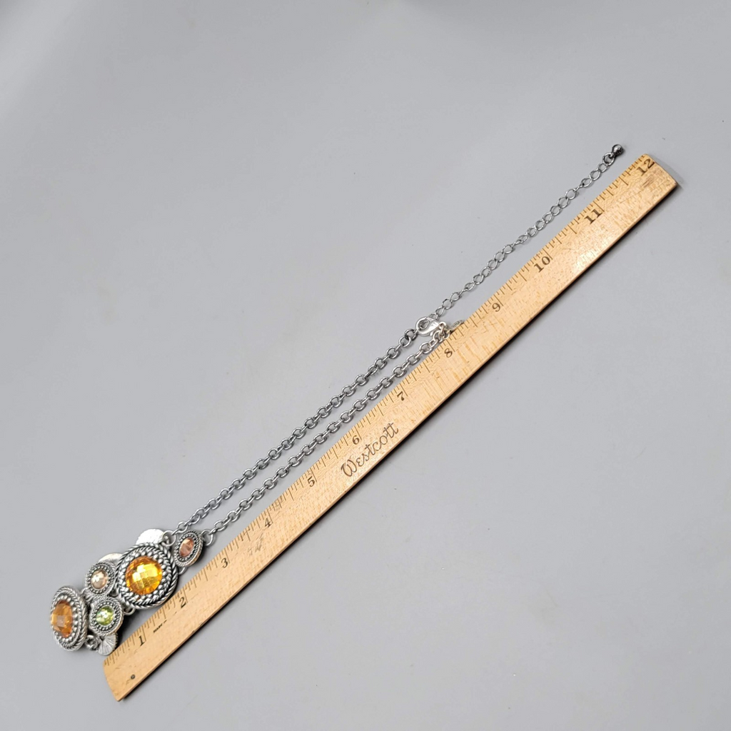 Premier Designs Necklace Silver tone Orange Green Rhinestones Bib 16"-20"