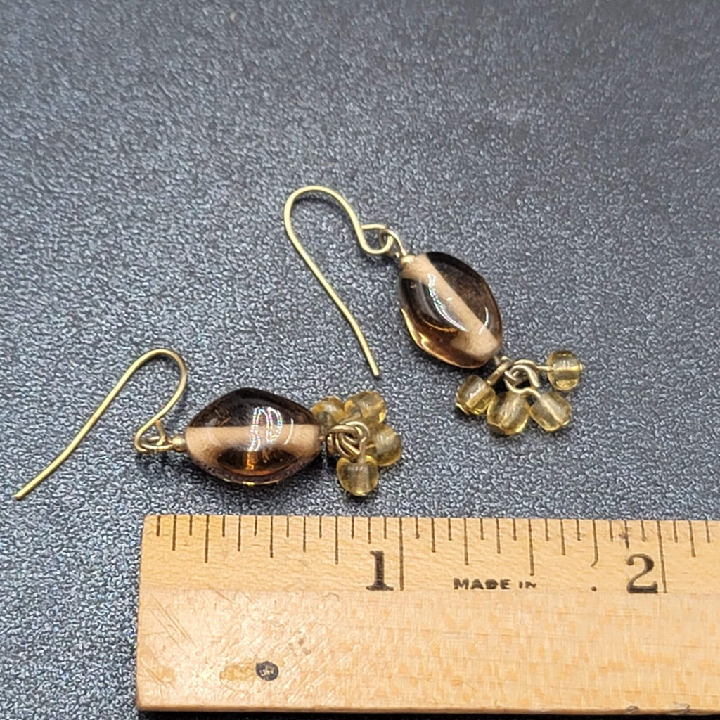 Pierced Earrings Gold tone Amber Color Glass Beads Dangle 1"