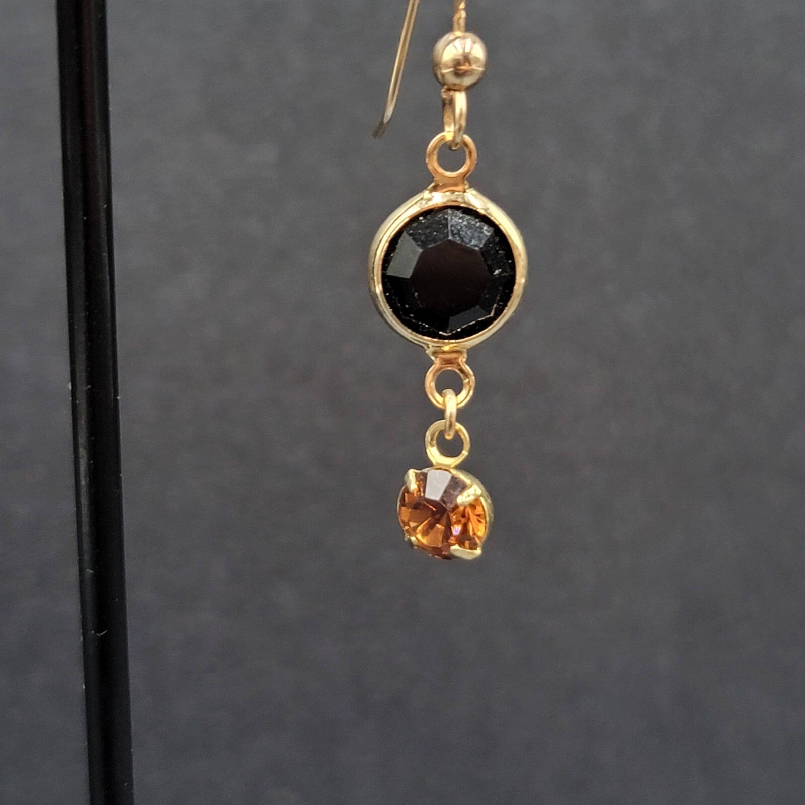 Pierced Earrings Gold tone Black Orange Rhinestone Dangle 1"