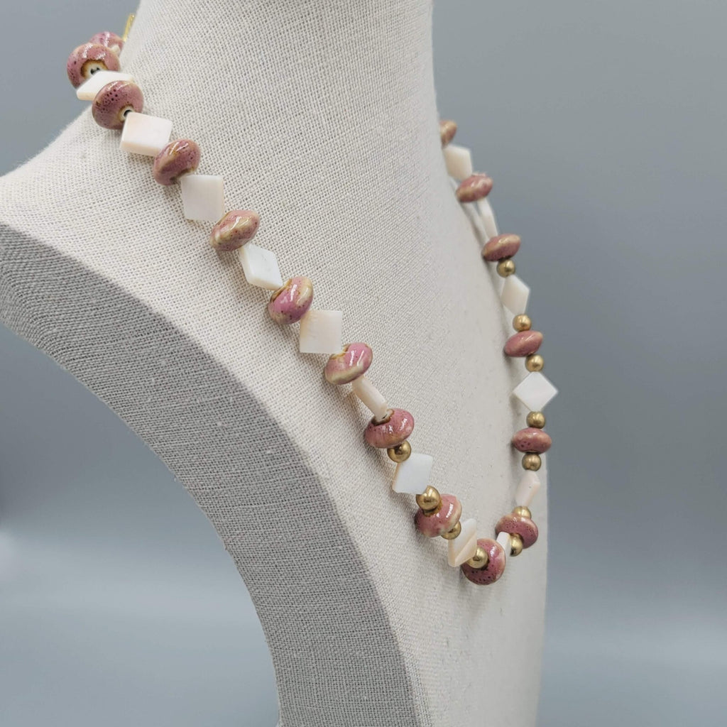 Vintage Mother of Pearl and Clay Beads Necklace 20" Estate Costume Jewelry 