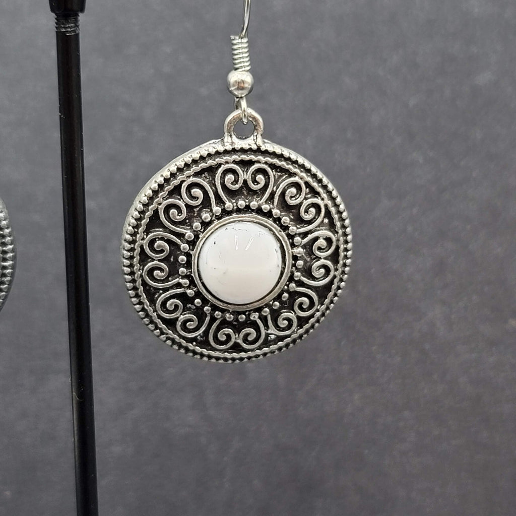 Pierced Earrings Silver tone Medallion Dangle White Center Accent  1"