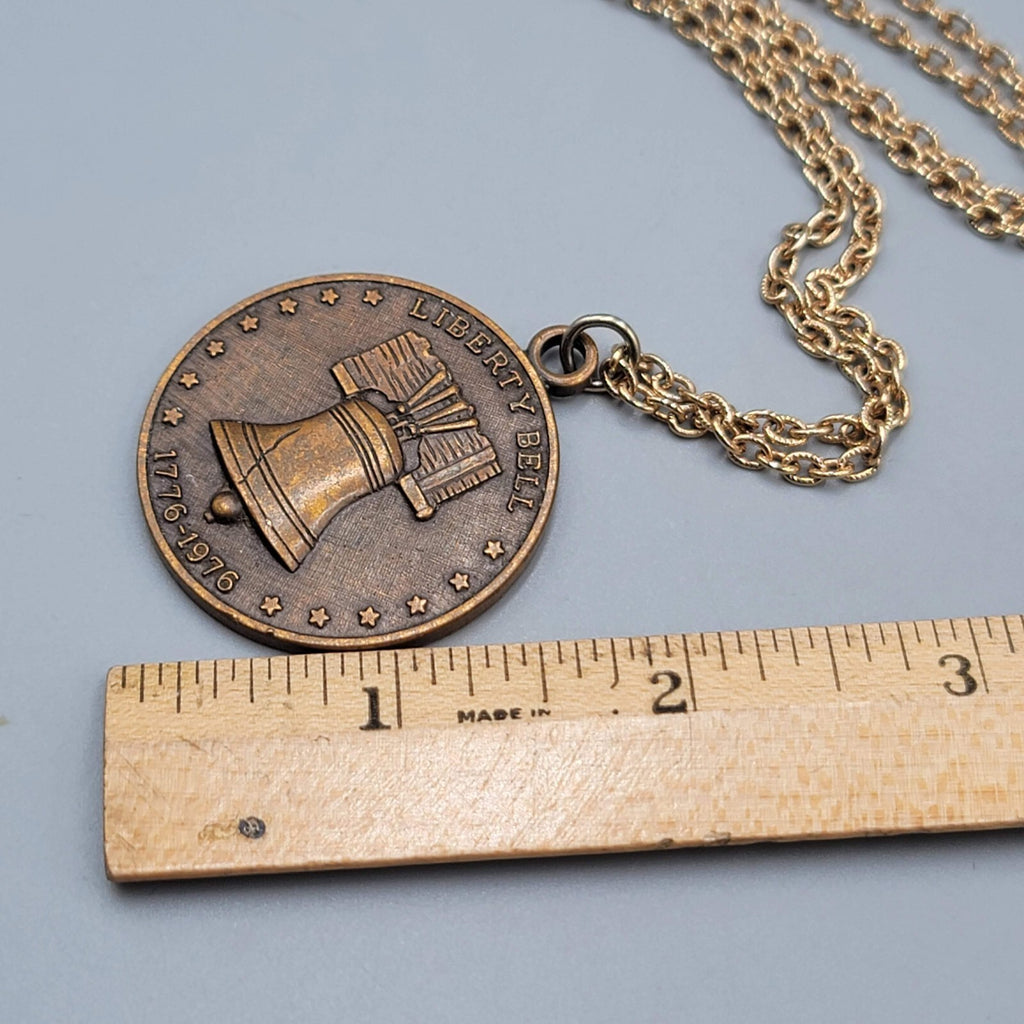 Vtg Liberty Bell Commemorative Mint Registered Coin Pendant Necklace Bronze tone
