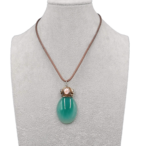 Artisan Boho Hippie Necklace Green Glass Pendant Leather and Brown Cord 16"-18"