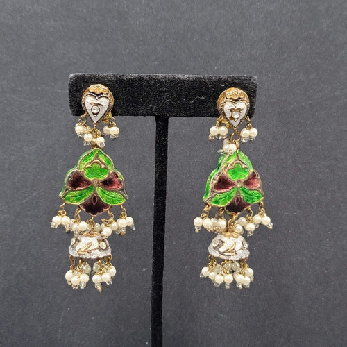 Clip on Earrings Large Enamel Guilloche Beaded Chandelier India Jewelry 2.75"