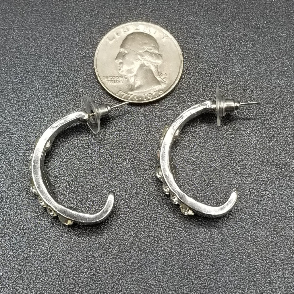 Pierced Earrings Silver tone Faceted Crystal Half Hoop Drop 1 1/4"