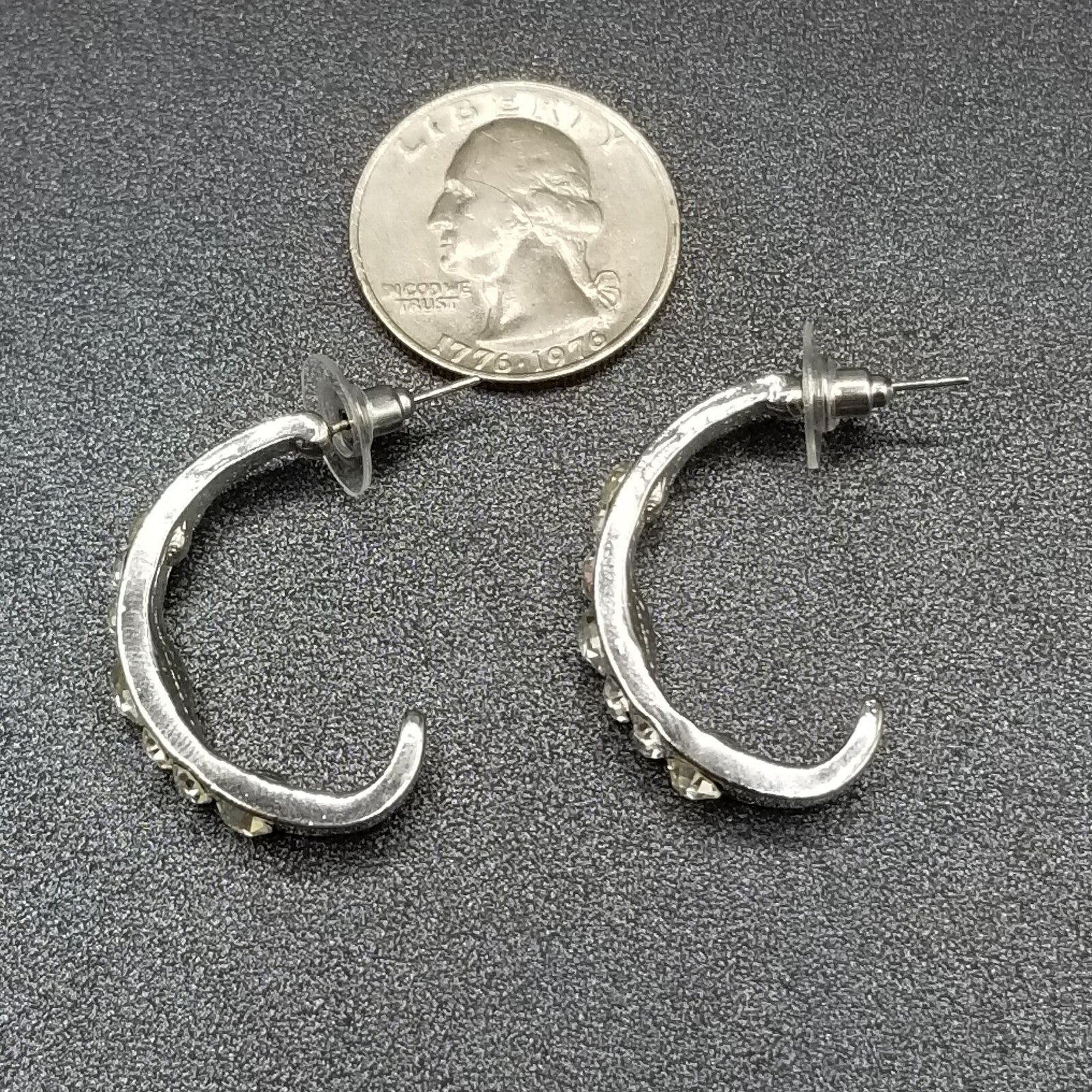 Pierced Earrings Silver tone Faceted Crystal Half Hoop Drop 1 1/4"