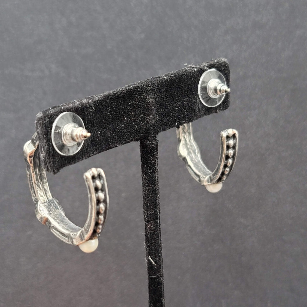 Pierced Earrings Silver tone Faux Pearl Hoops  1.25"