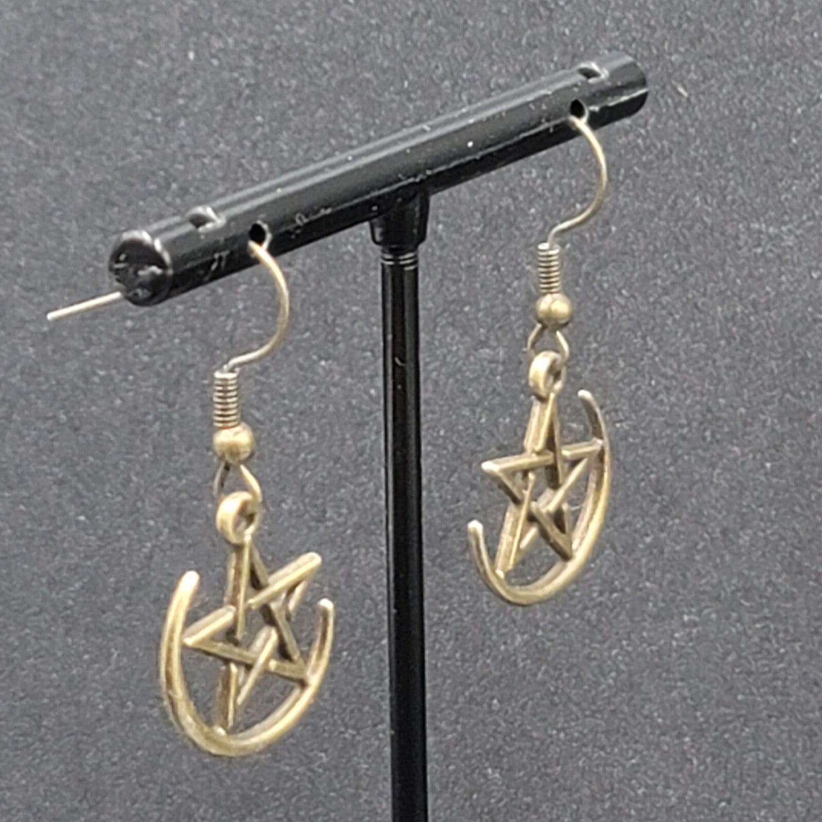 Pentagram Pierced Earrings Half Moon Star Bronze tone Dangle 3/4"