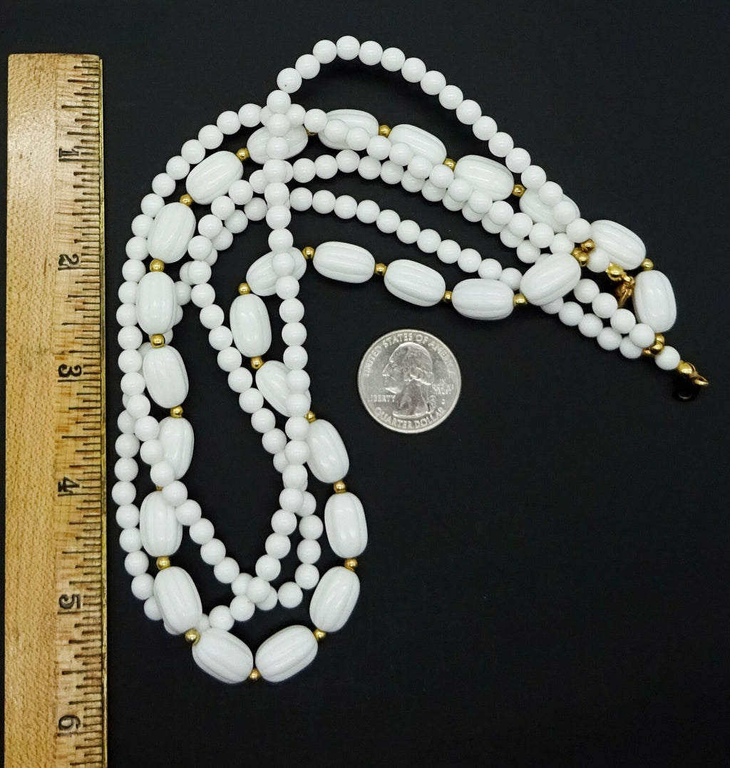 Vintage Necklace White & Gold Bead Triple Strand Estate Costume Jewelry 18"